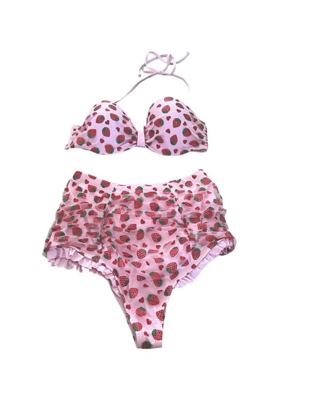 Hot Topic Strawberry Heart Halter Top & Hi Rise Bottom Set Bikini Pink Size M